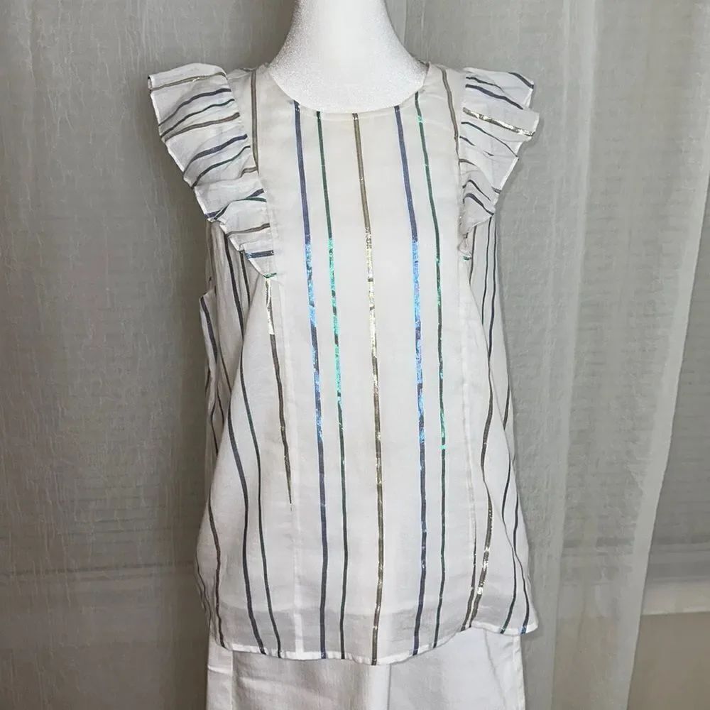STITCH FIX LP Silverbell Ruffle White Metallic Stripe Sleeveless Top